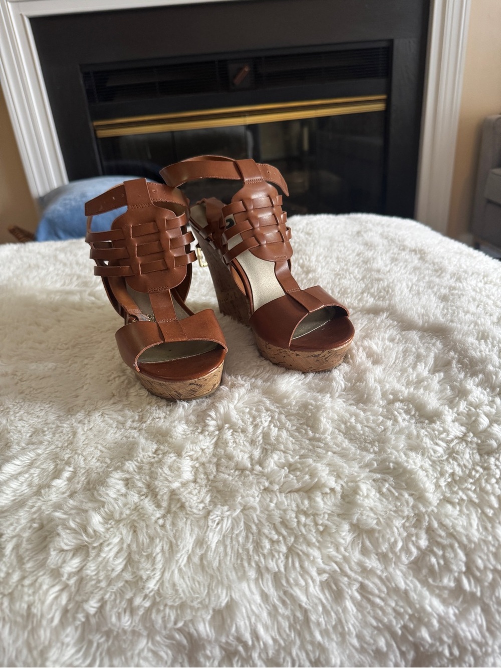 Guess Brown Woven Leather Cork Platform Wedge Sandals
